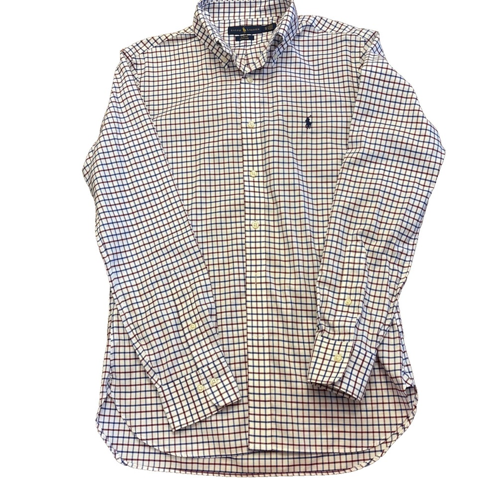 Ralph Lauren Polo Mens Shirt 15 1/2 Red White Blue Plaid Button Down Slim Fit